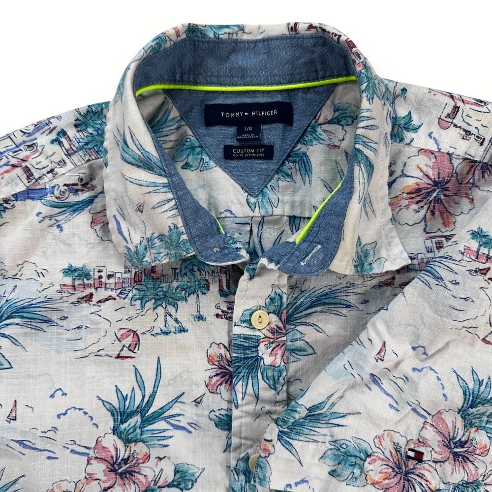 Tommy Hilfiger Mens Large Custom Fit Tropical Hibiscus Beach Cotton SS Shirt